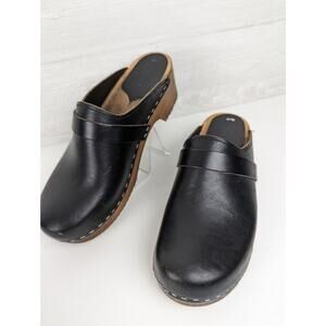Sandgrens Tokyo Classic Swedish Handmade Wooden Clog Black Leather, 7.5 EU 38